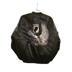 Vintage POW Black/White Satin Jacket Size L West Ark USA Made Eagle Military